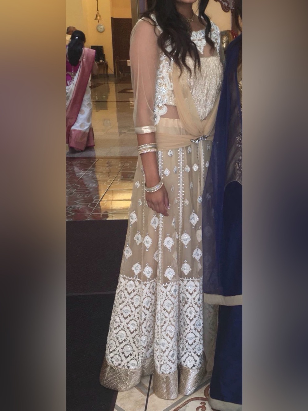Beige Embroidered Maxi Dress with White Lace Accents